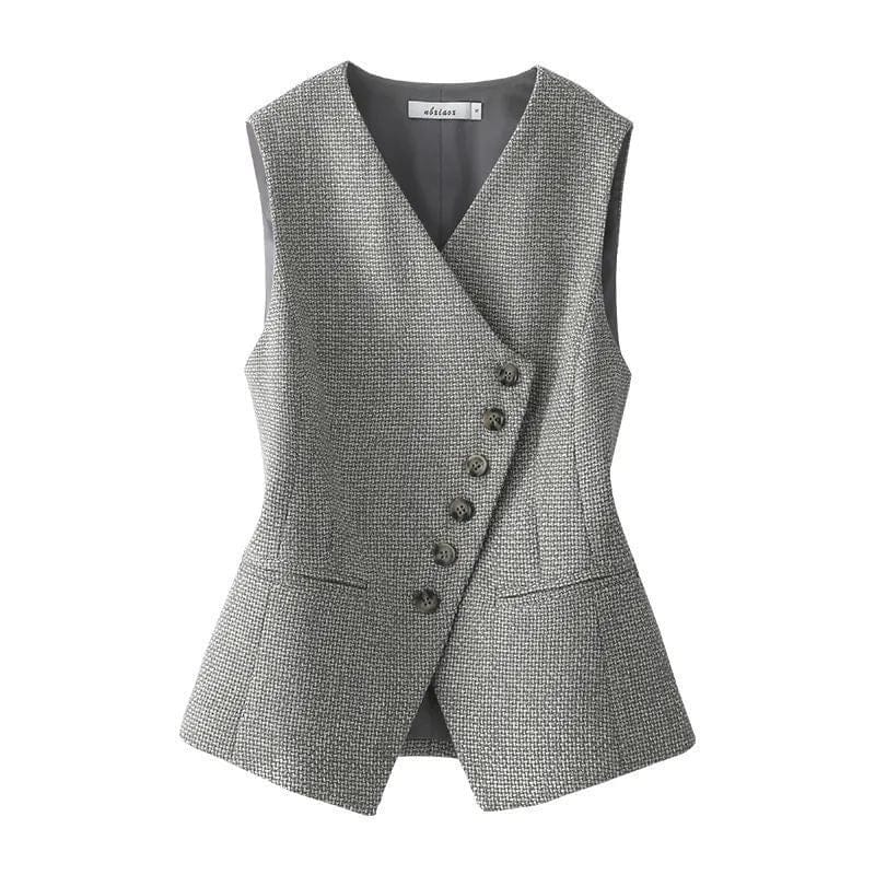 solovedress Grey Women’s Sleeveless Cropped Vest – V-Neck Single Breasted, Fully Lined