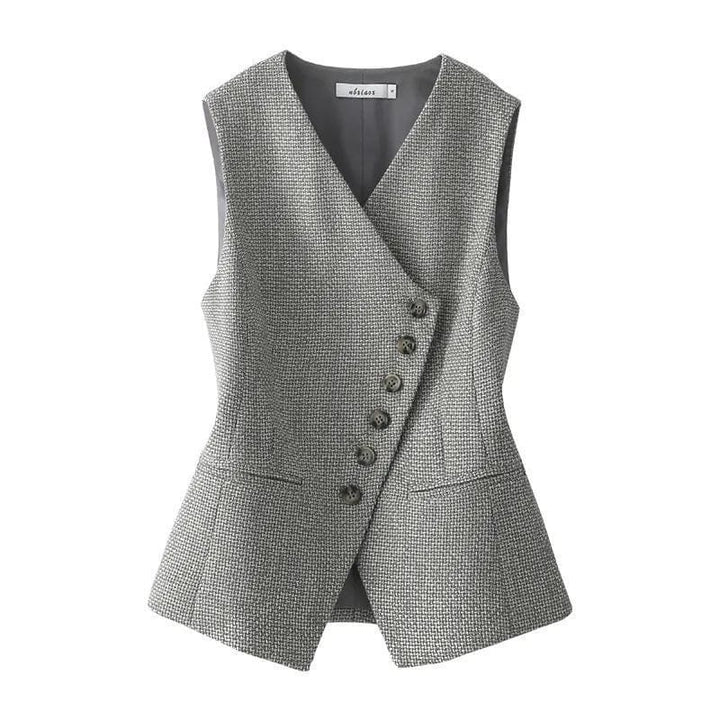solovedress Grey Women’s Sleeveless Cropped Vest – V-Neck Single Breasted, Fully Lined