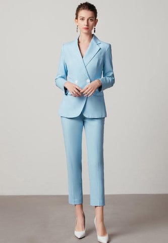 solovedress Light Blue Single Buttons Women's Suit 2 Piece Set (Blazer + Pants)