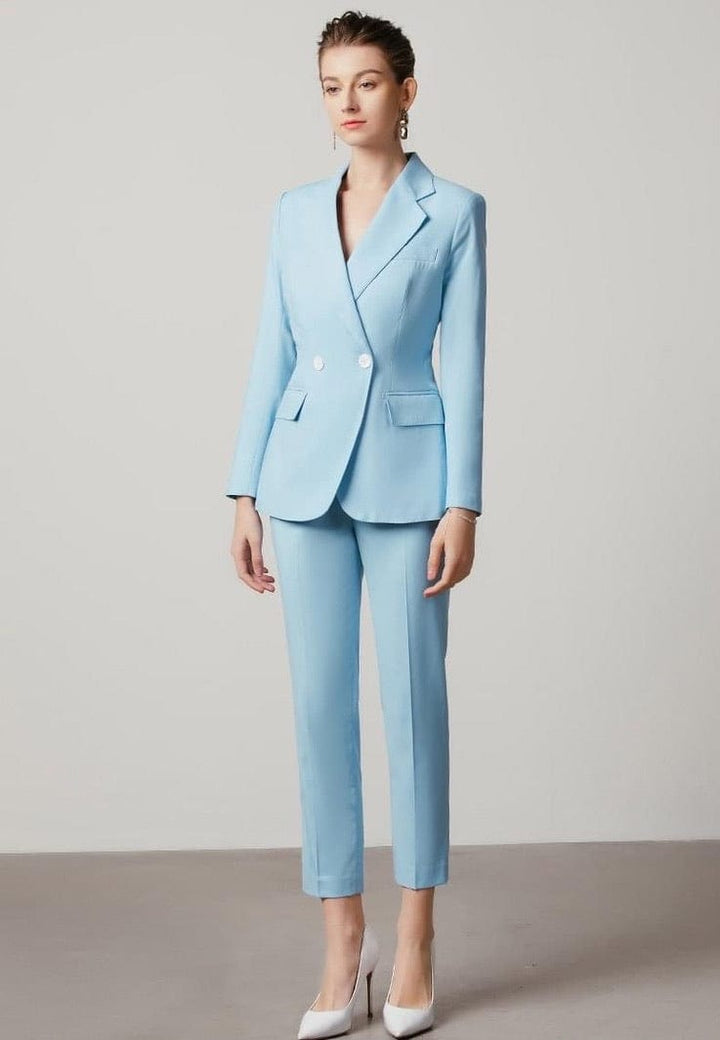 solovedress Light Blue Single Buttons Women's Suit 2 Piece Set (Blazer + Pants)