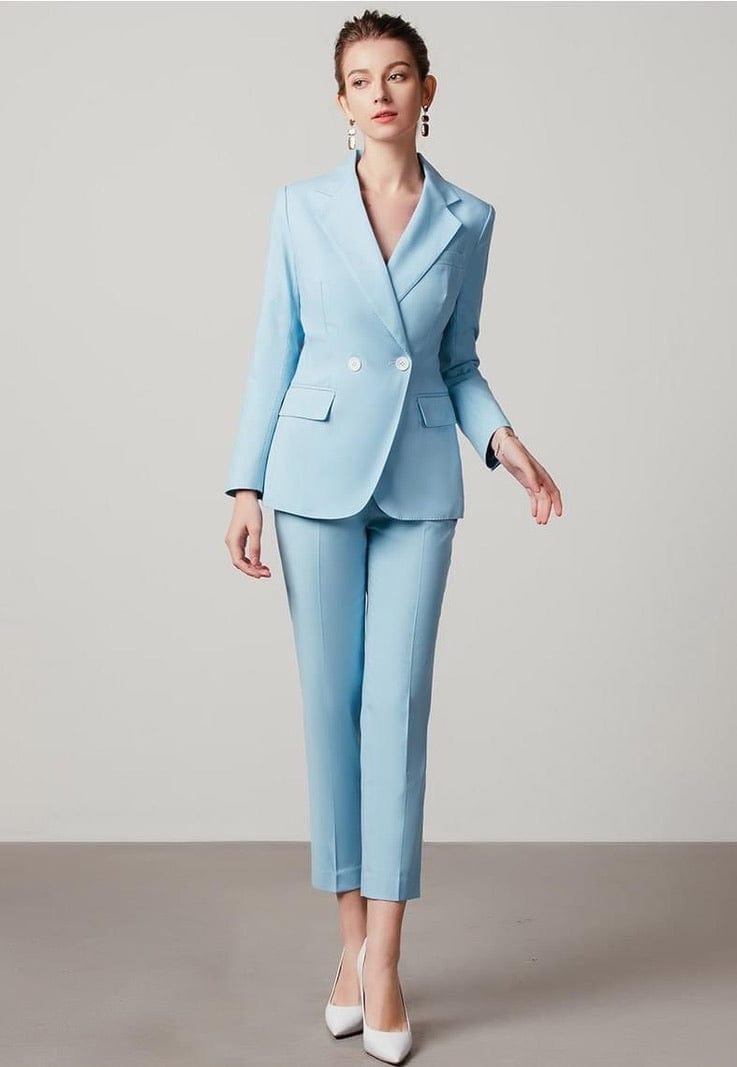 solovedress Light Blue Single Buttons Women's Suit 2 Piece Set (Blazer + Pants)