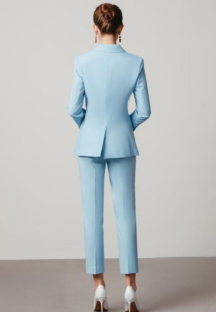 solovedress Light Blue Single Buttons Women's Suit 2 Piece Set (Blazer + Pants)