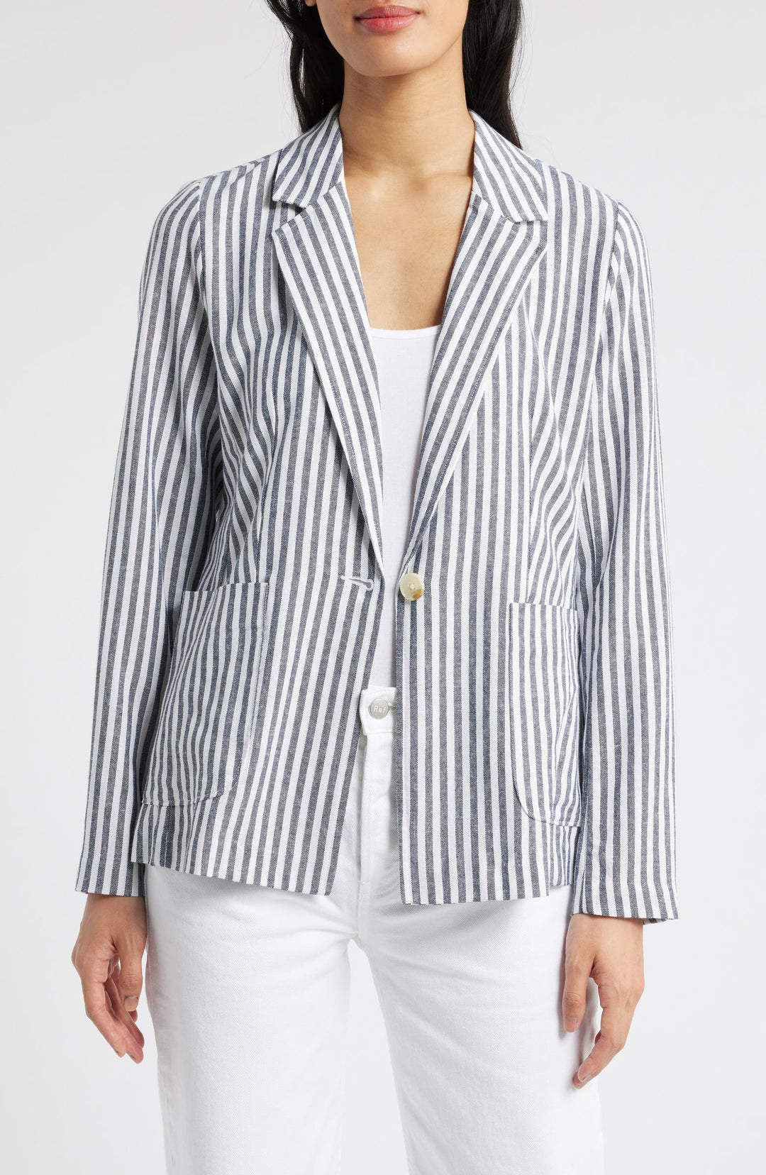 solovedress Navy White Striped Single Buttons Notch Lapel Casual Women Blazer