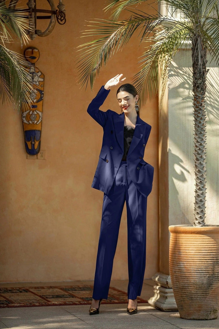 solovedress Navy Women's Suit 2 Piece Double Breasted Blazer & Pants