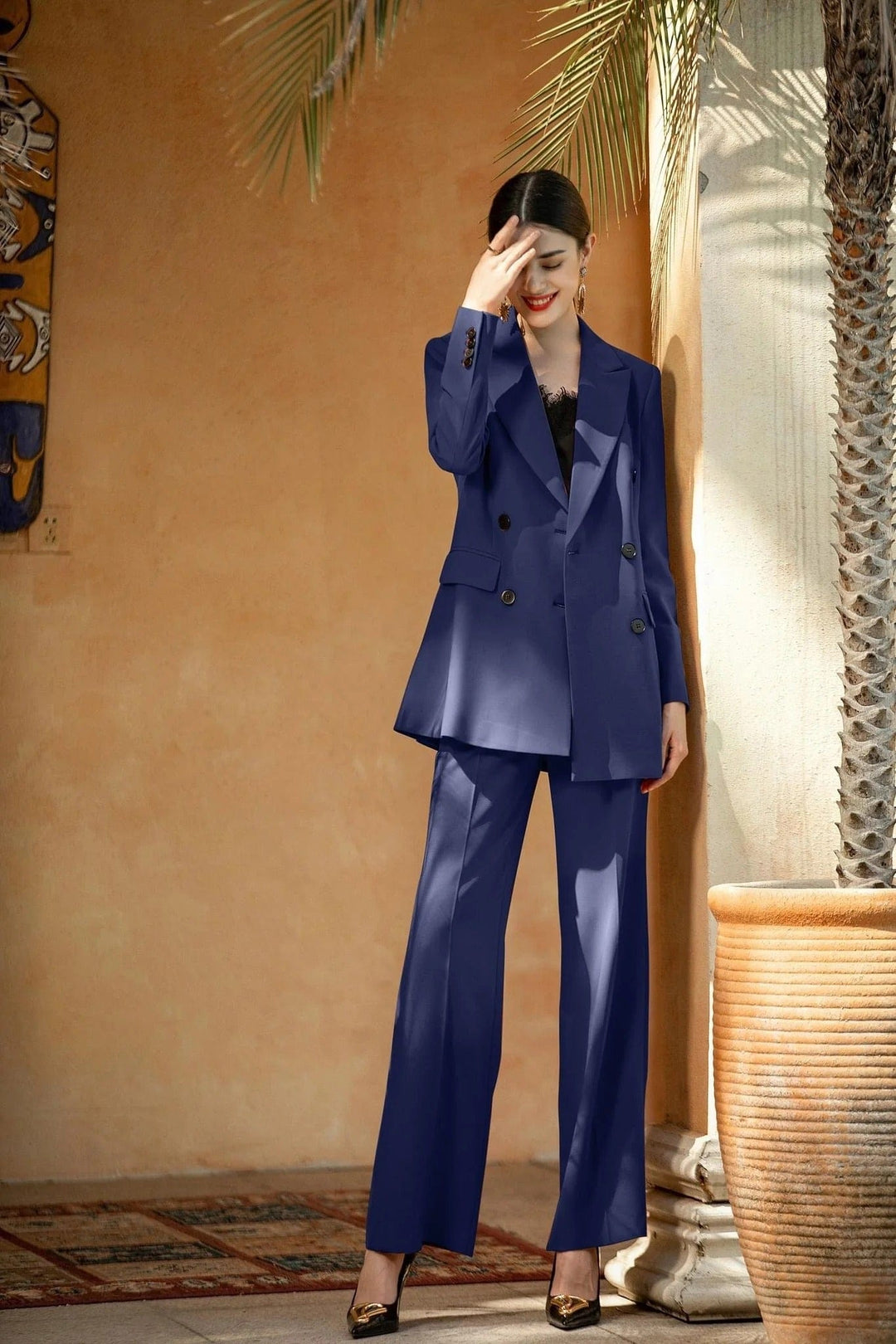 solovedress Navy Women's Suit 2 Piece Double Breasted Blazer & Pants