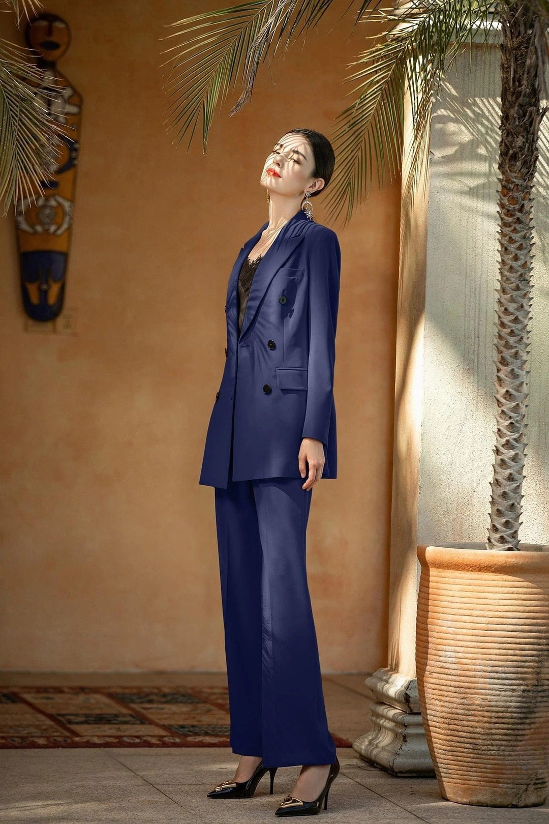 solovedress Navy Women's Suit 2 Piece Double Breasted Blazer & Pants