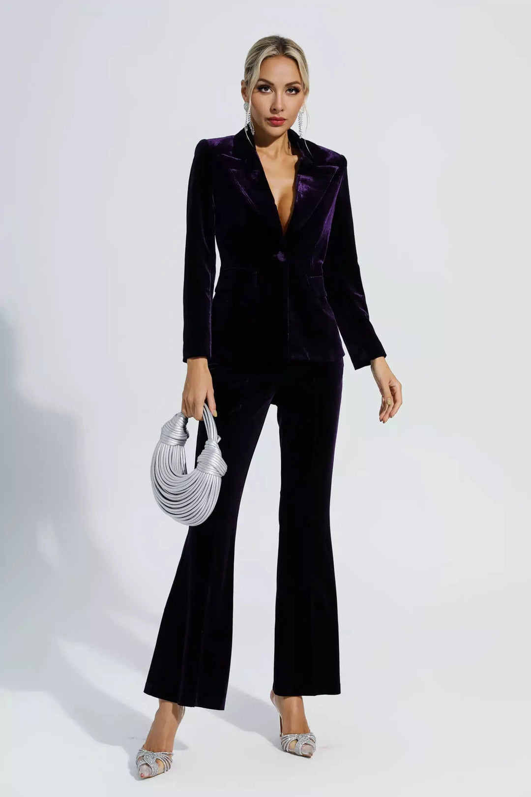 solovedress Purple 2 Piece Velvet Single Buttons Business Slim Fit Women Suit