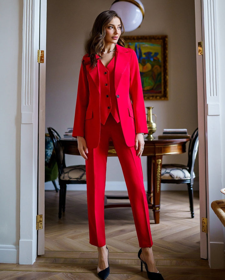 solovedress Red 3 Piece Double Button Peak Lapel Women Suit