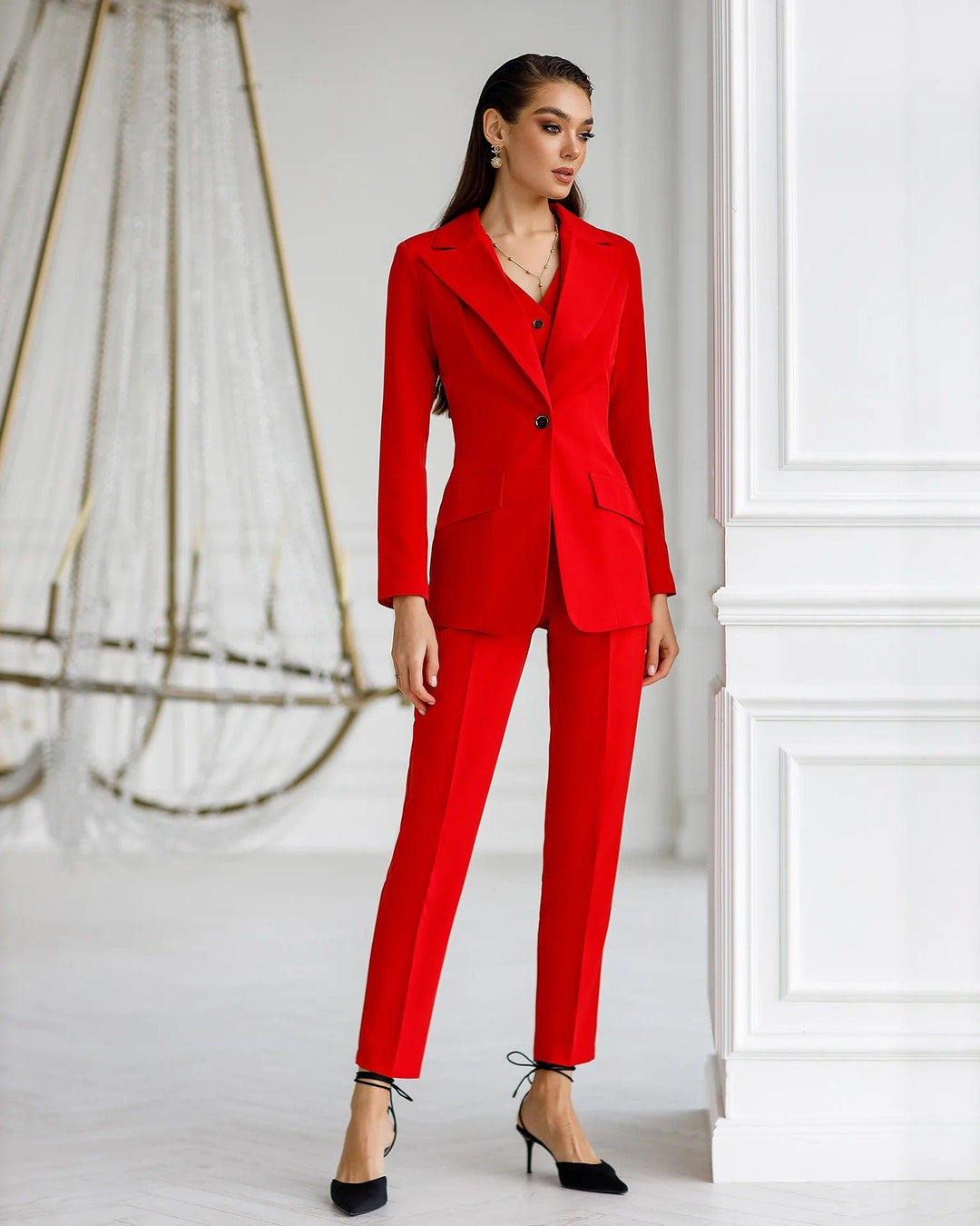 solovedress Red 3 Piece Double Button Peak Lapel Women Suit