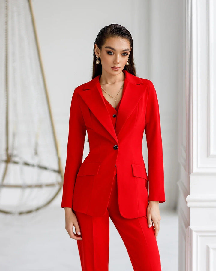 solovedress Red 3 Piece Double Button Peak Lapel Women Suit