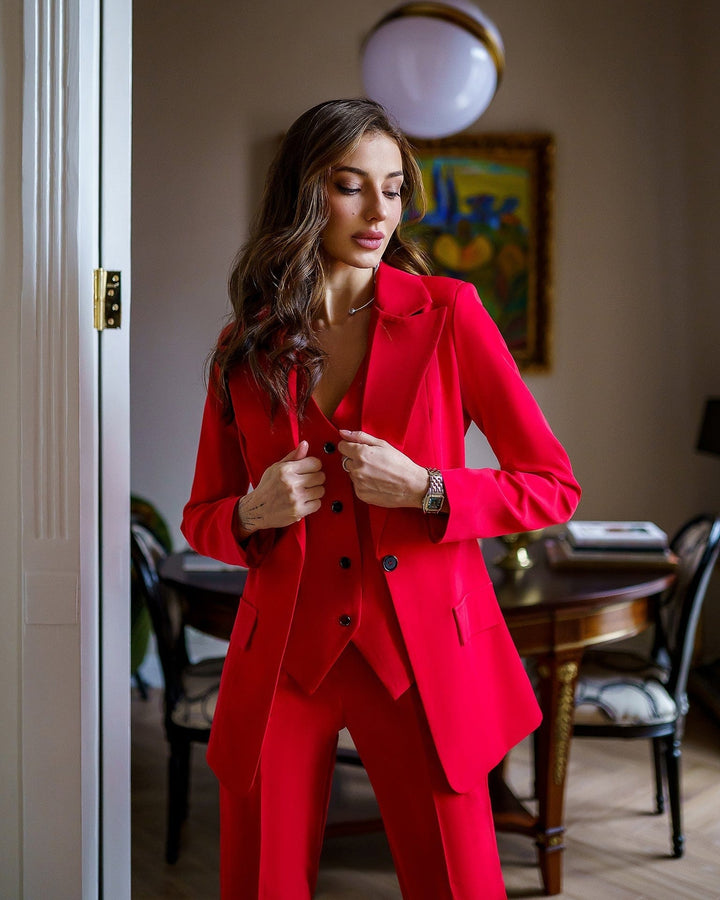 solovedress Red 3 Piece Double Button Peak Lapel Women Suit