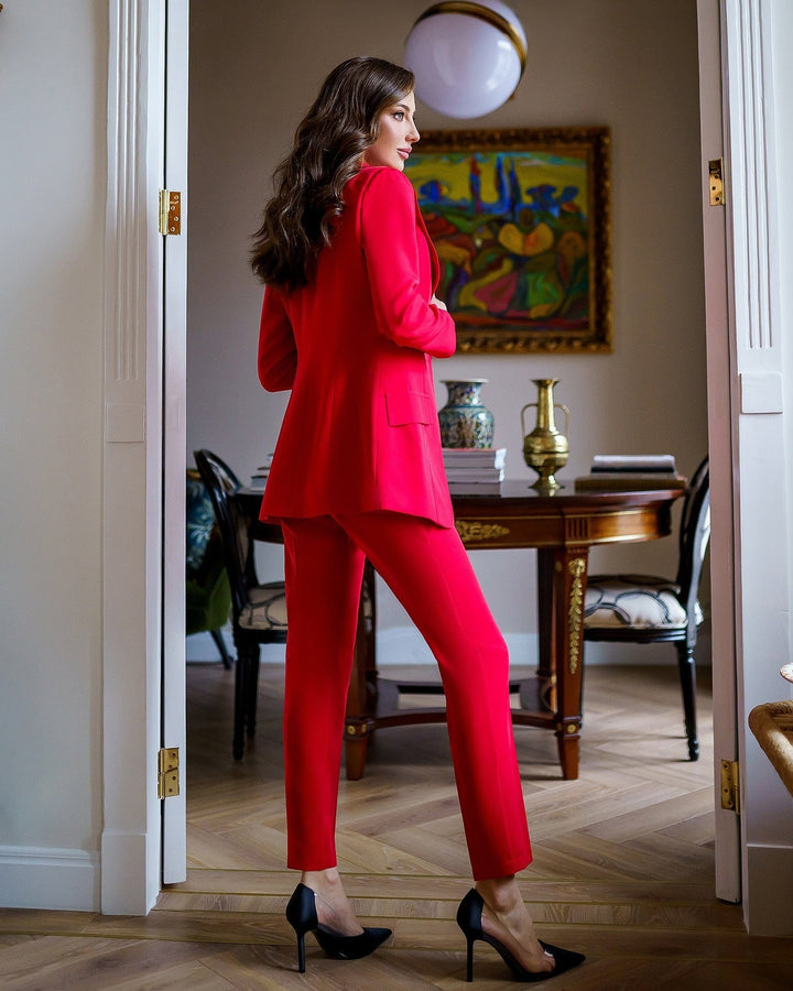 solovedress Red 3 Piece Double Button Peak Lapel Women Suit