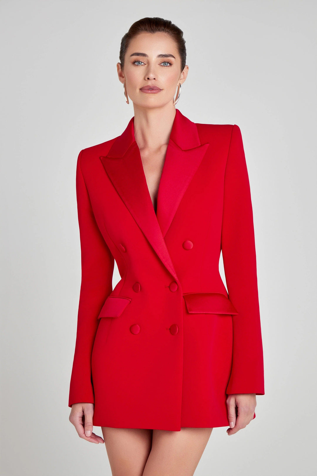 solovedress Red Double Breasted Satin Lapel Women Blazer