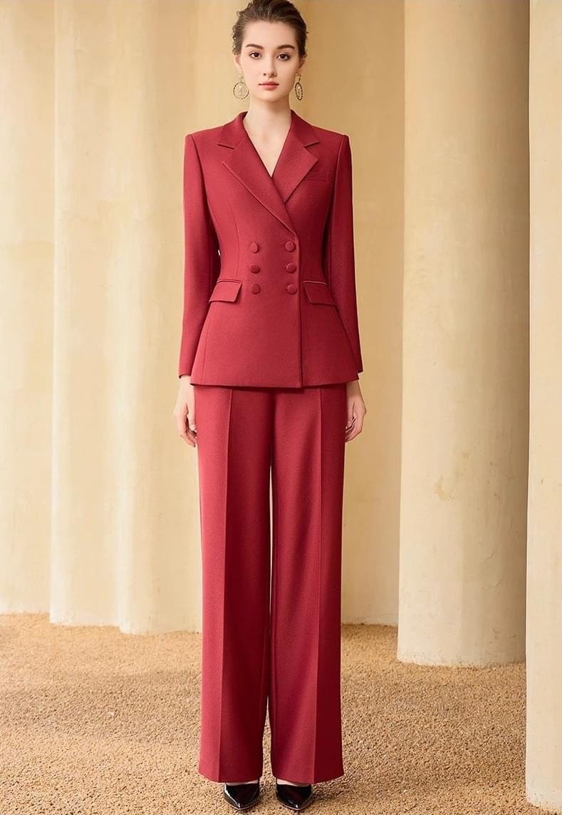 solovedress Red Double Breasted Women's Suit 2 Piece Set (Blazer + Pants)