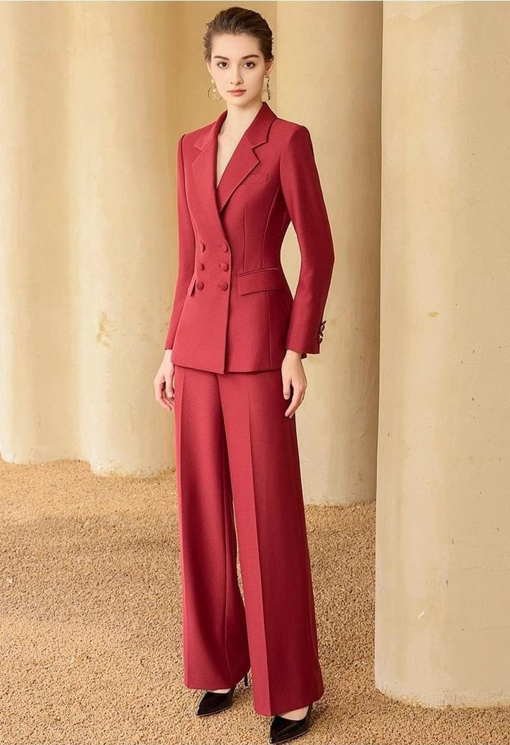 solovedress Red Double Breasted Women's Suit 2 Piece Set (Blazer + Pants)