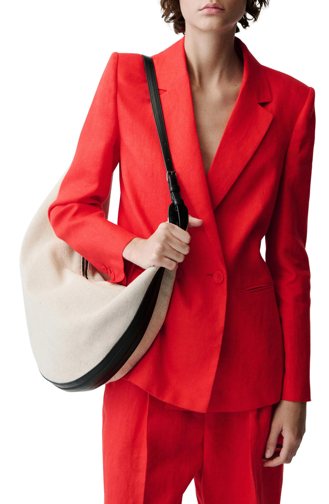 solovedress Red Linen Blend Double-Breasted Women’s Suit Set (Blazer + Pants)