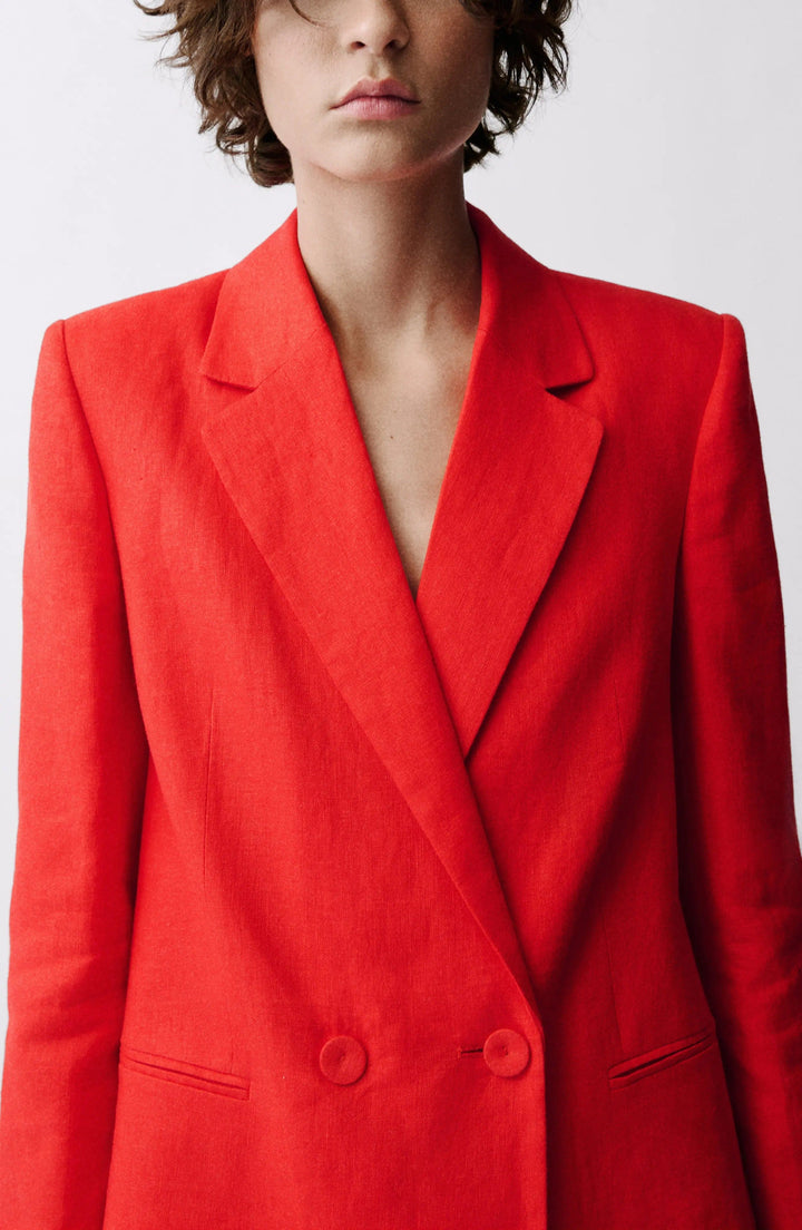 solovedress Red Linen Blend Double-Breasted Women’s Suit Set (Blazer + Pants)