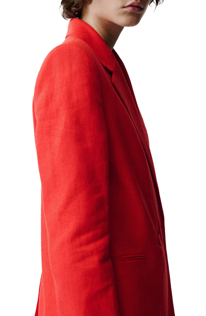 solovedress Red Linen Blend Double-Breasted Women’s Suit Set (Blazer + Pants)