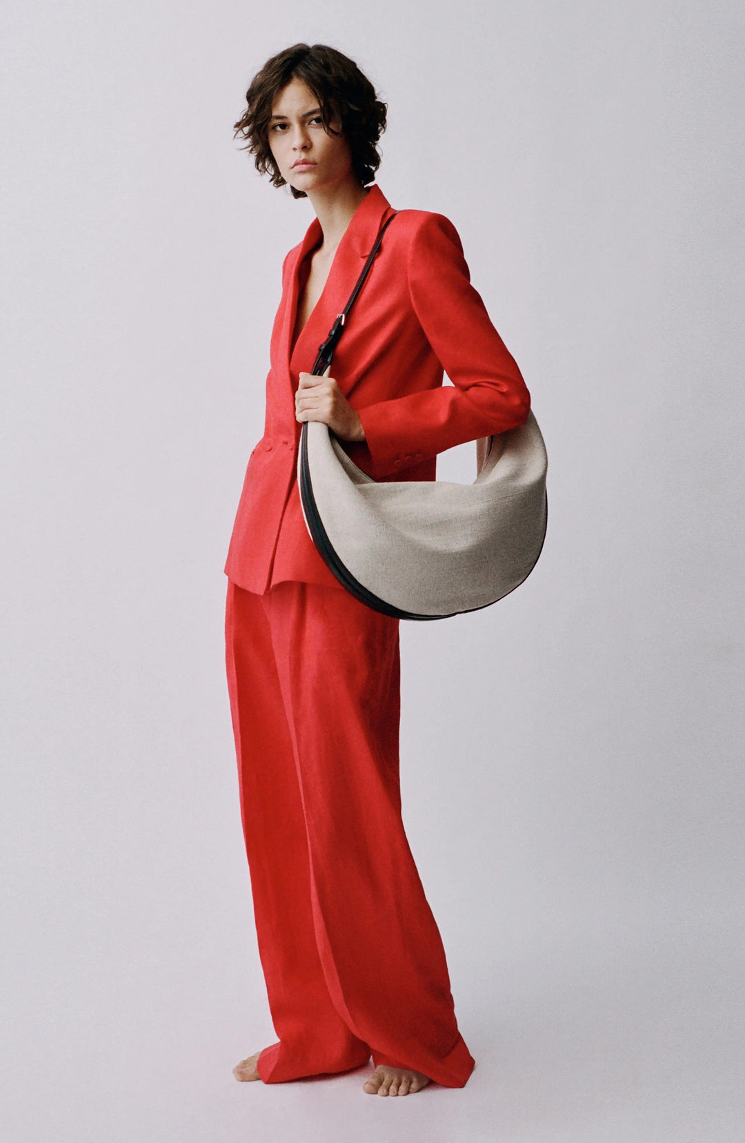 solovedress Red Linen Blend Double-Breasted Women’s Suit Set (Blazer + Pants)