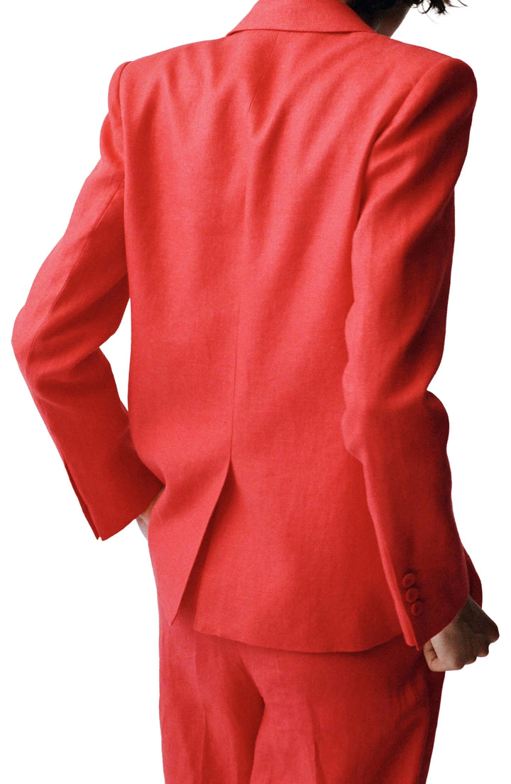 solovedress Red Linen Blend Double-Breasted Women’s Suit Set (Blazer + Pants)