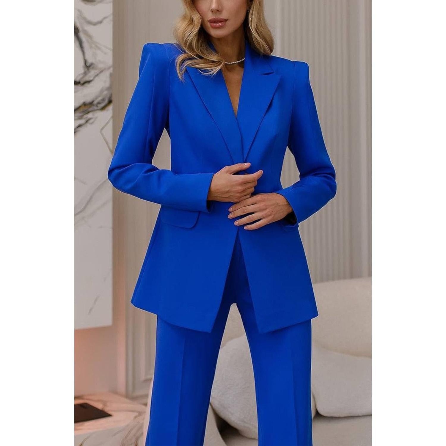 SoloveDress Women's 2 Piece Solid Suit Peak Lapel Single Button Pants Set (Blazer+Pants) Royal Blue / US 0