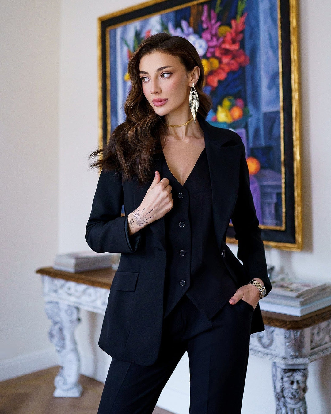 solovedress SoloveDress Black 3 Piece Single Buttons Women Suit (Blazer + Vest + Pants)