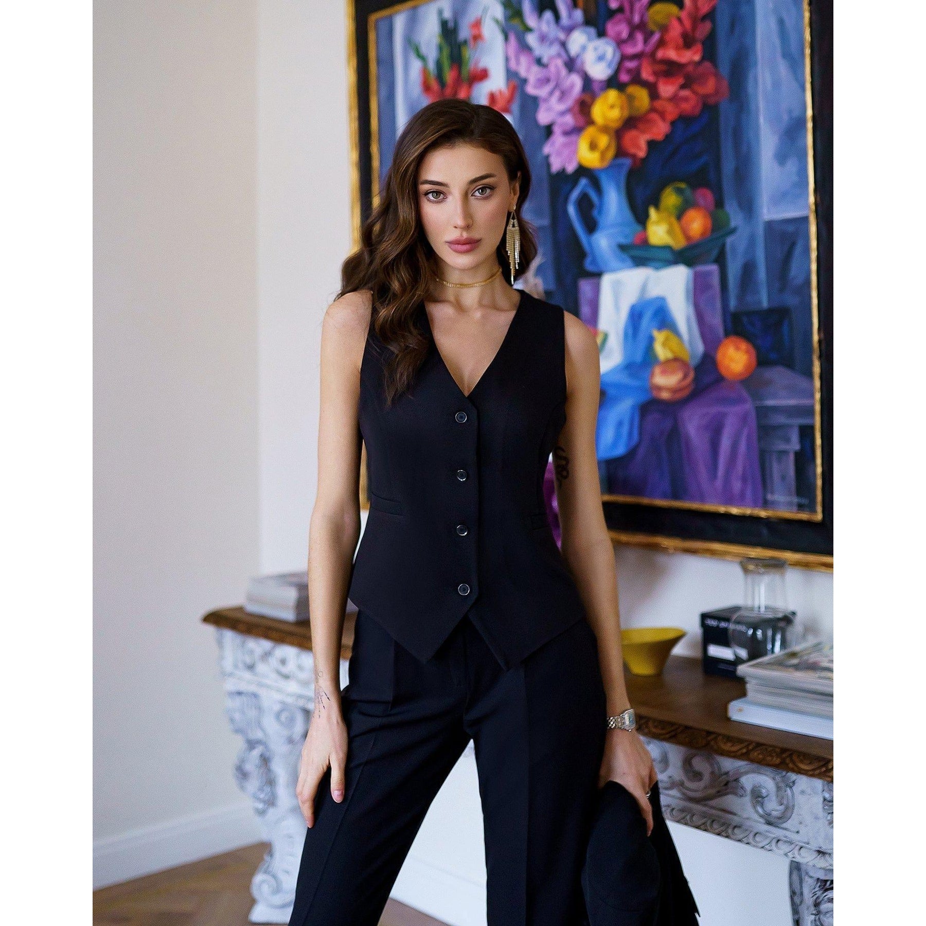 SoloveDress Women's Black 3 Piece Single Button Peak Lapel Solid Suit solovedress SoloveDress Women's Black 3 Piece Single Button Peak Lapel Solid Suit solovedress