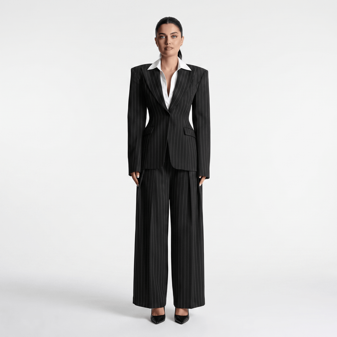 SoloveDress SoloveDress Women's 2 Piece Black Striped Suit Peak Lapel Single Button Suit (Blazer+Pants)