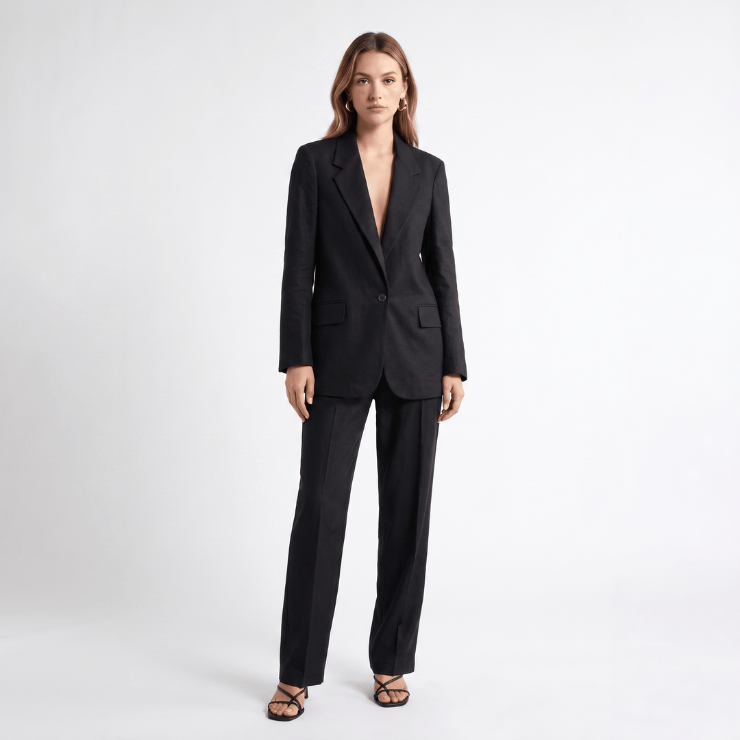 SoloveDress SoloveDress Women's 2 Piece Linen Black Solid Notch Lapel Suits (Blazer+Pants)