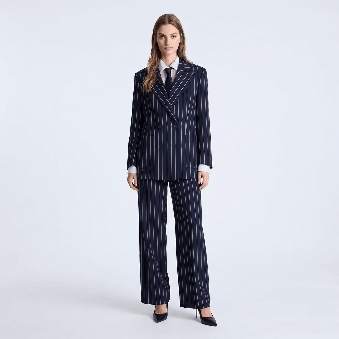 SoloveDress SoloveDress Women's 2 Piece Navy Striped Suit Peak Lapel Double Breasted Suit (Blazer+Pants)