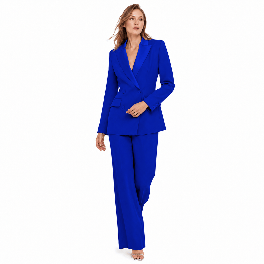 SoloveDress SoloveDress Women's 2 Piece Solid Satin Suit Peak Lapel Double Breasted Pants Set (Blazer+Pants)