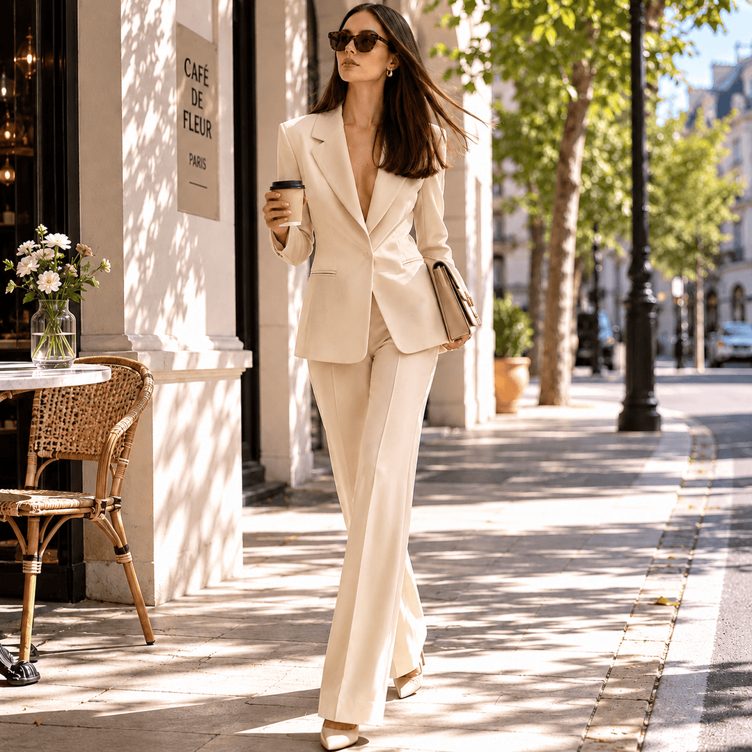 SoloveDress SoloveDress Women's 2 Piece Solid Suit Notch Lapel Hidden Button Pants Set (Blazer+Pants)
