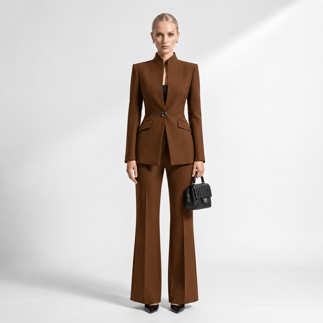 SoloveDress Women's 2 Piece Solid Suit Peak Lapel Single Button Pan... Brown / US 0