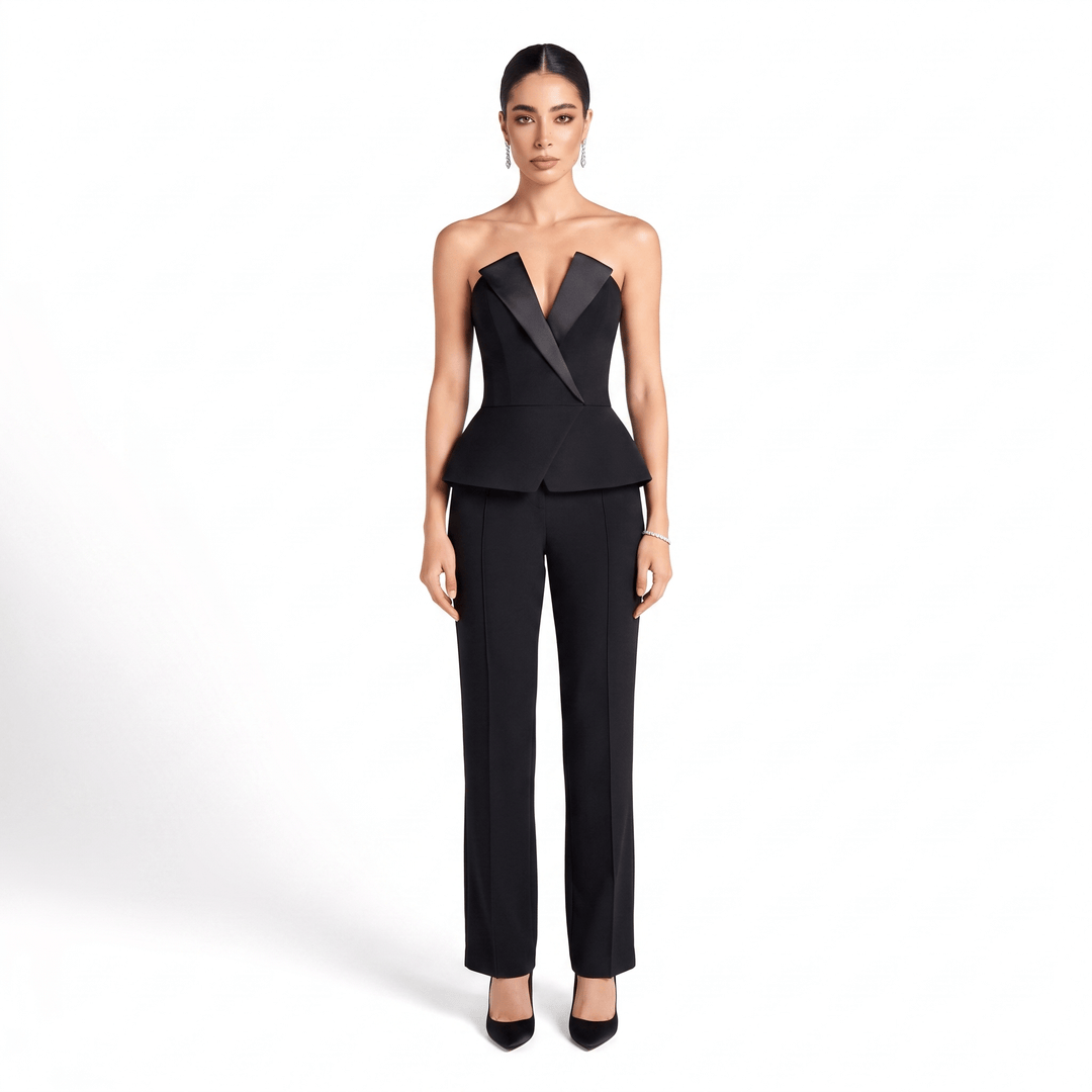 SoloveDress SoloveDress Women's 2 Pieces Black Solid Satin Suit V-Neck Suit (Blazer+Pants)