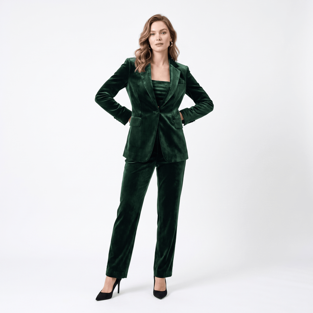 SoloveDress SoloveDress Women's 2 Pieces Dark Green Solid Velvet Notch Lapel Suits  (Blazer+Pants)
