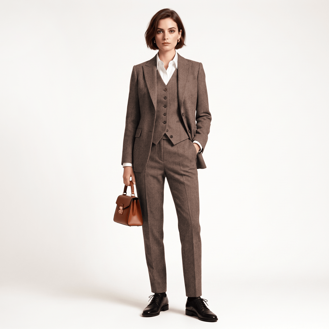 SoloveDress SoloveDress Women's 3 Piece Herringbone Tweed Suit Notch Lapel Single Button Pants Set (Blazer+Vest+Pants)