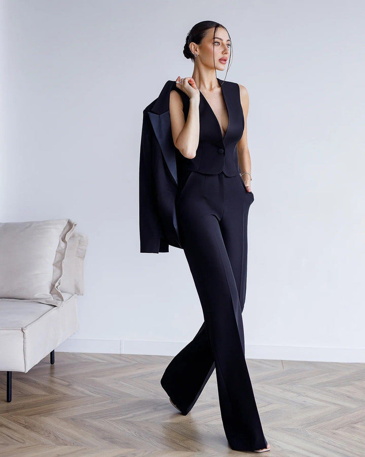 solovedress SoloveDress Women’s Black 3-Piece Suit Set – Blazer, Vest and Pants with Satin Lapel