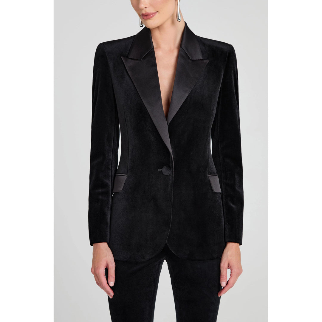 solovedress SoloveDress Women’s Black Velvet Two-Piece Suit – Blazer with Satin Lapel and Pants