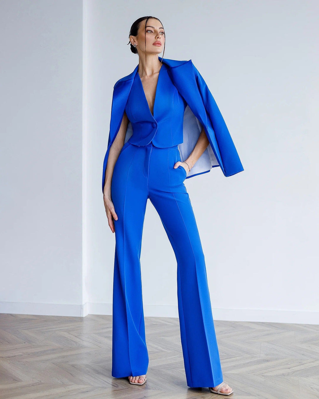 solovedress SoloveDress Women’s Blue 3-Piece Suit Set – Blazer, Vest and Pants with Satin Lapel