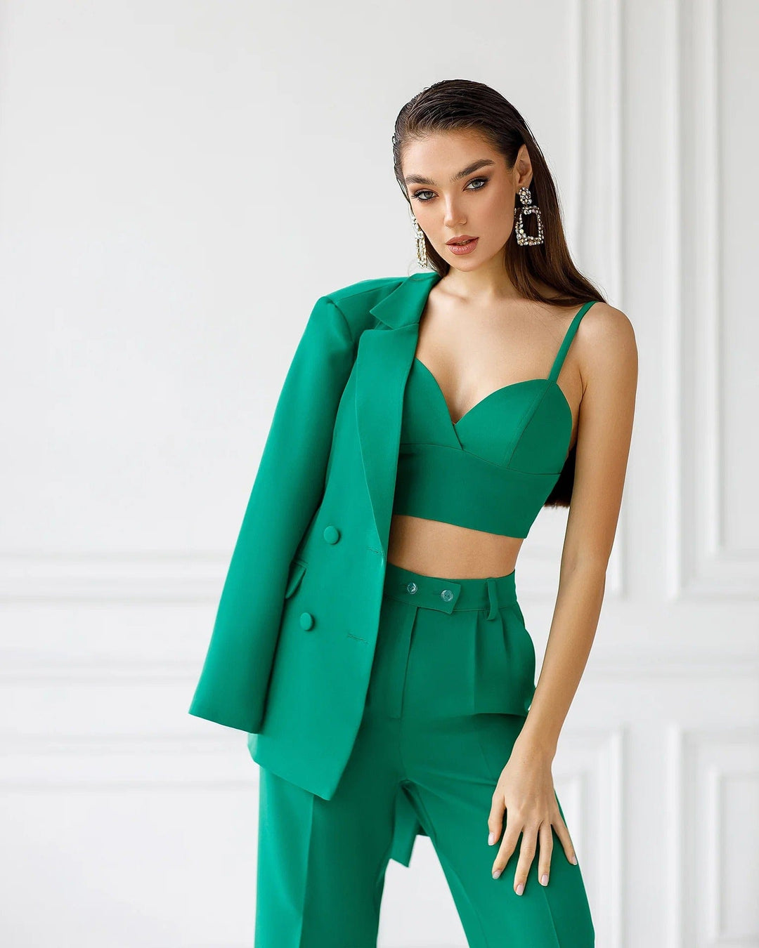 solovedress SoloveDress Women's Green 3-Piece Suit Set – Blazer, Tube Top & Pants