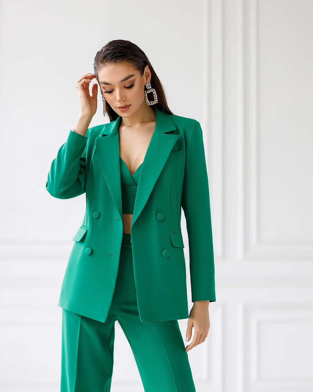 solovedress SoloveDress Women's Green 3-Piece Suit Set – Blazer, Tube Top & Pants