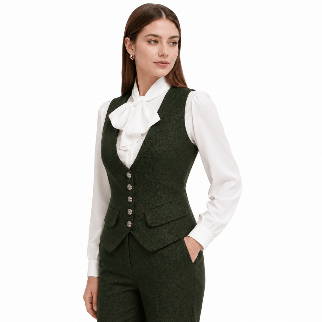 SoloveDress SoloveDress Women's Herringbone Single Button U Neck Tweed Waistcoat