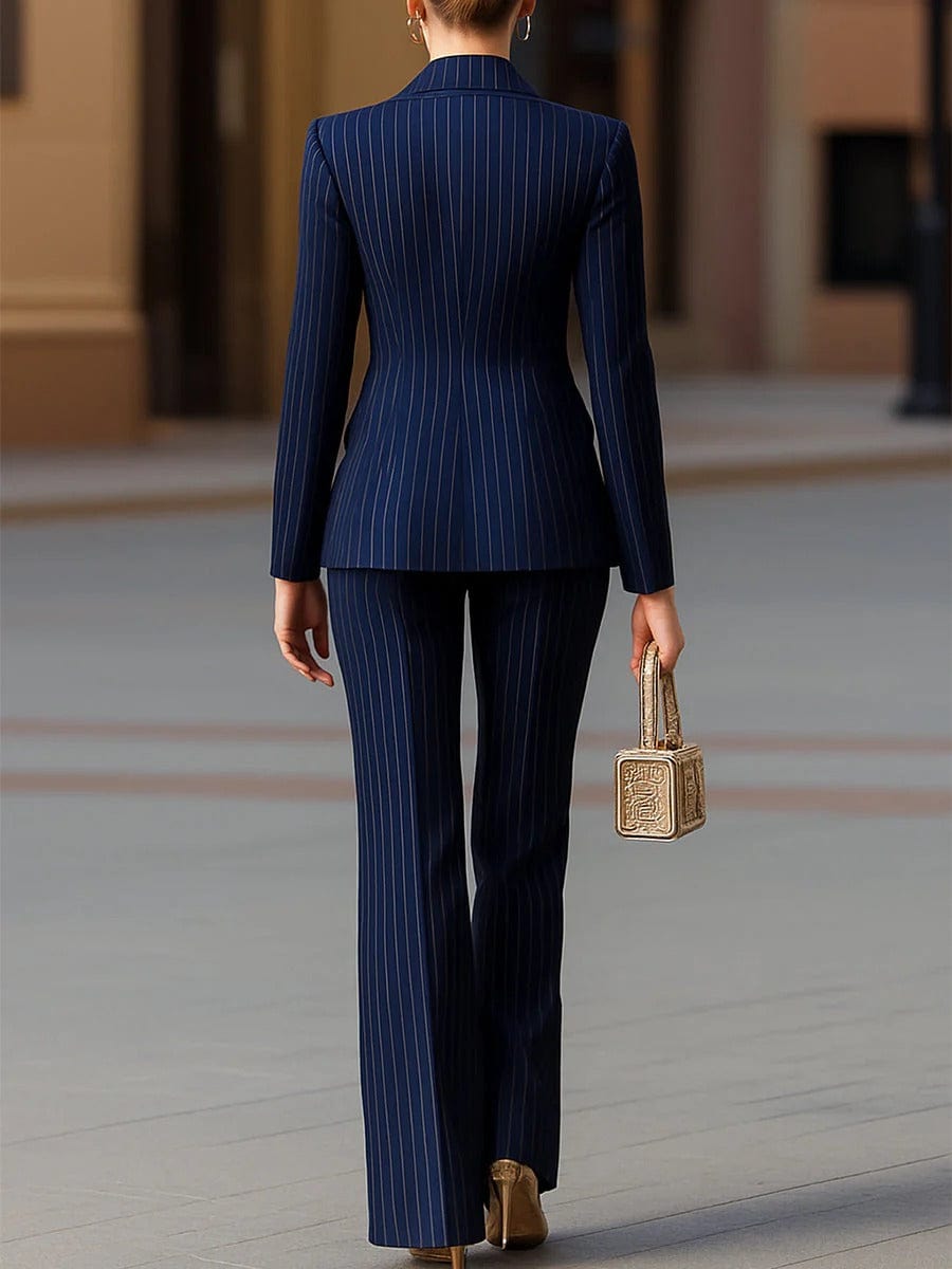solovedress SoloveDress Women’s Navy Striped 2-Piece Double-Breasted Suit