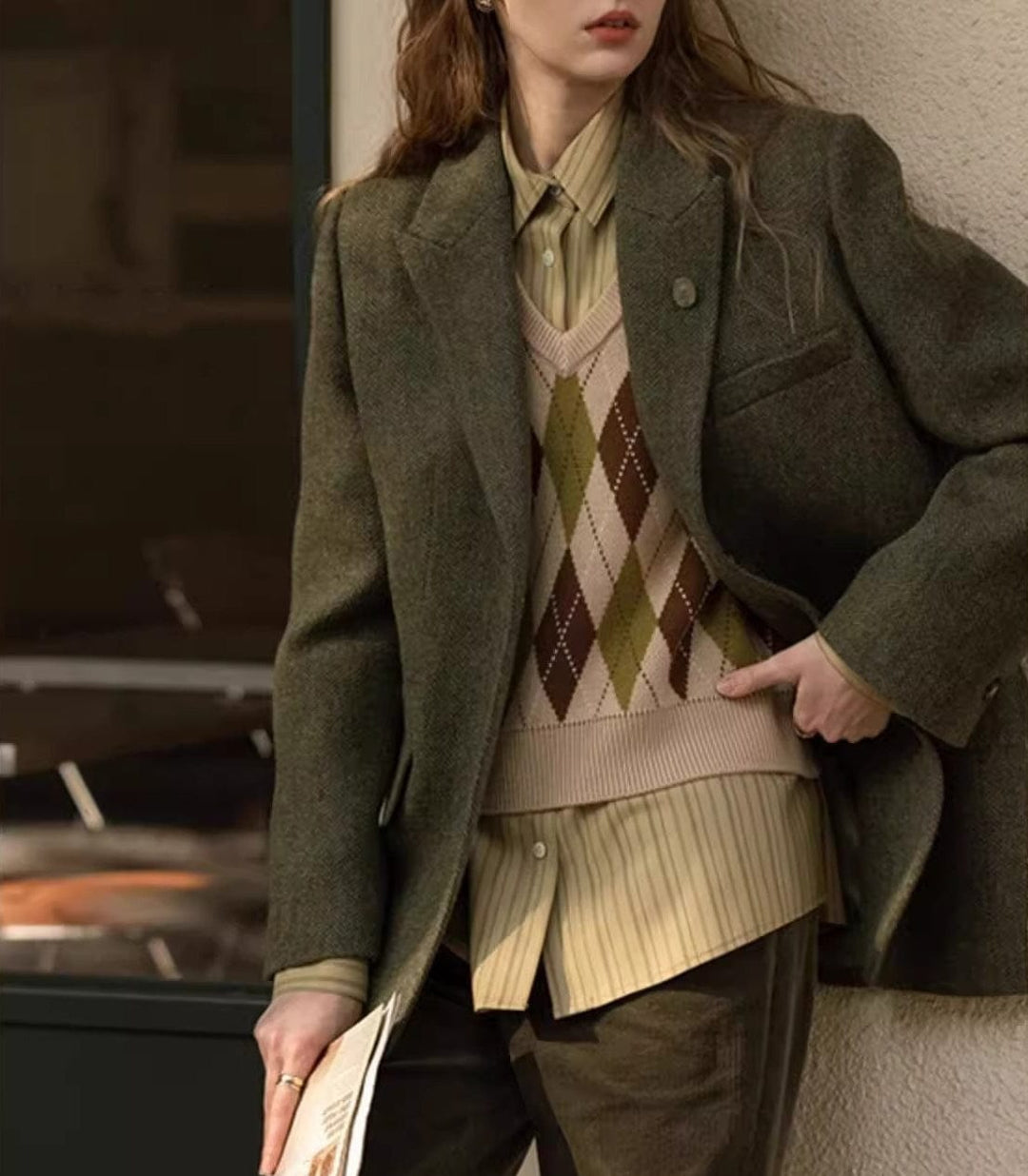 solovedress SoloveDress Women’s Olive Green Herringbone Blazer