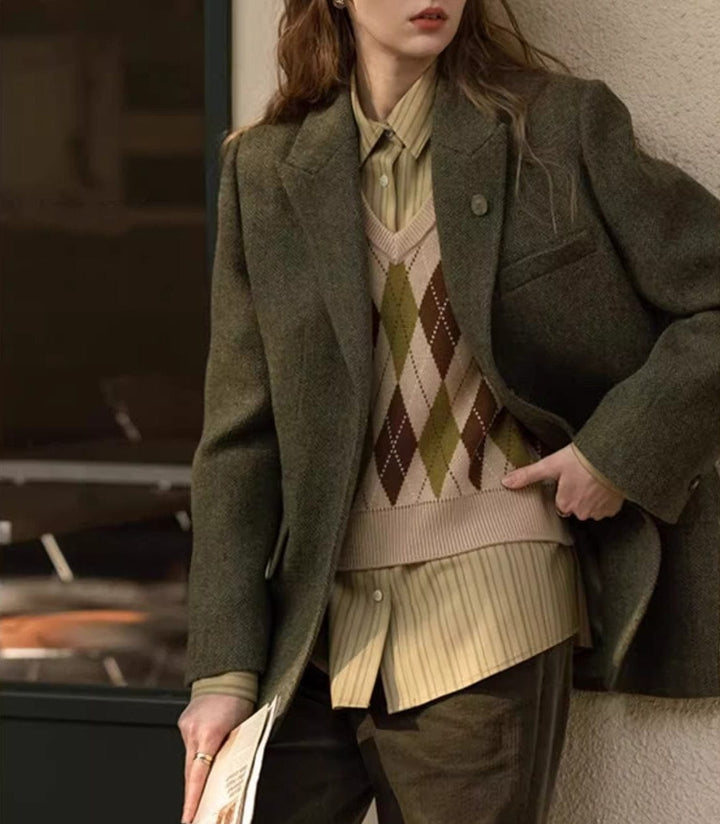 solovedress SoloveDress Women’s Olive Green Herringbone Blazer