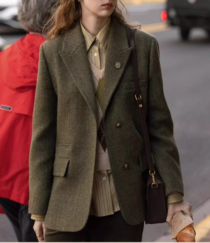 solovedress SoloveDress Women’s Olive Green Herringbone Blazer