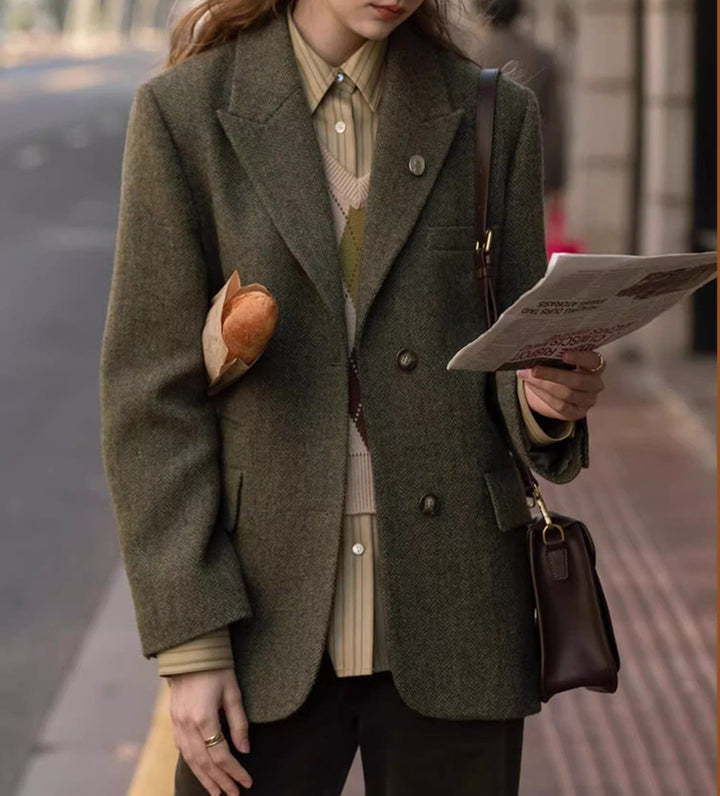 solovedress SoloveDress Women’s Olive Green Herringbone Blazer