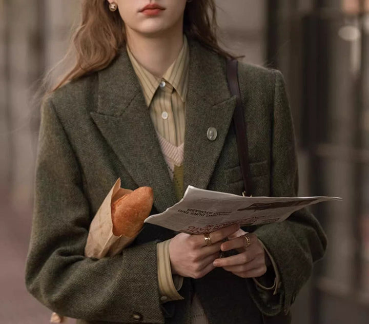 solovedress SoloveDress Women’s Olive Green Herringbone Blazer