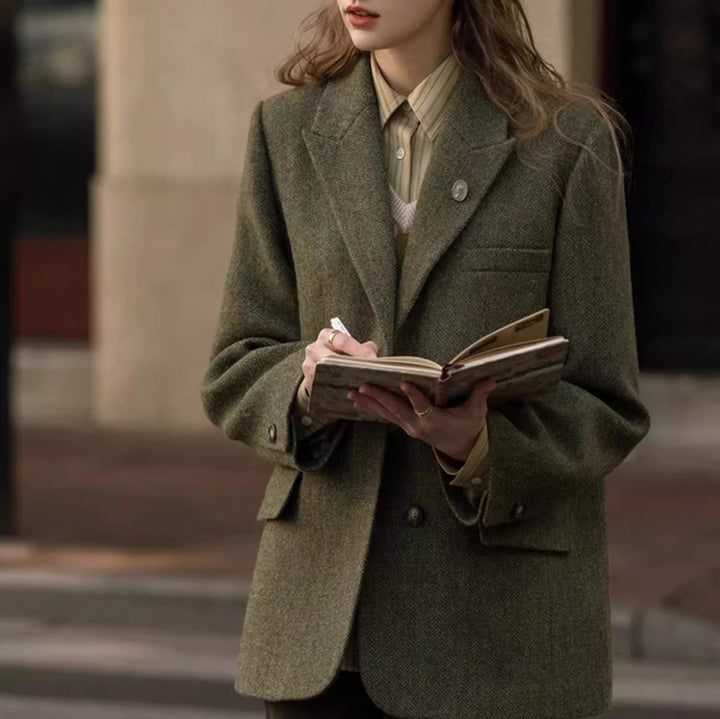 solovedress SoloveDress Women’s Olive Green Herringbone Blazer