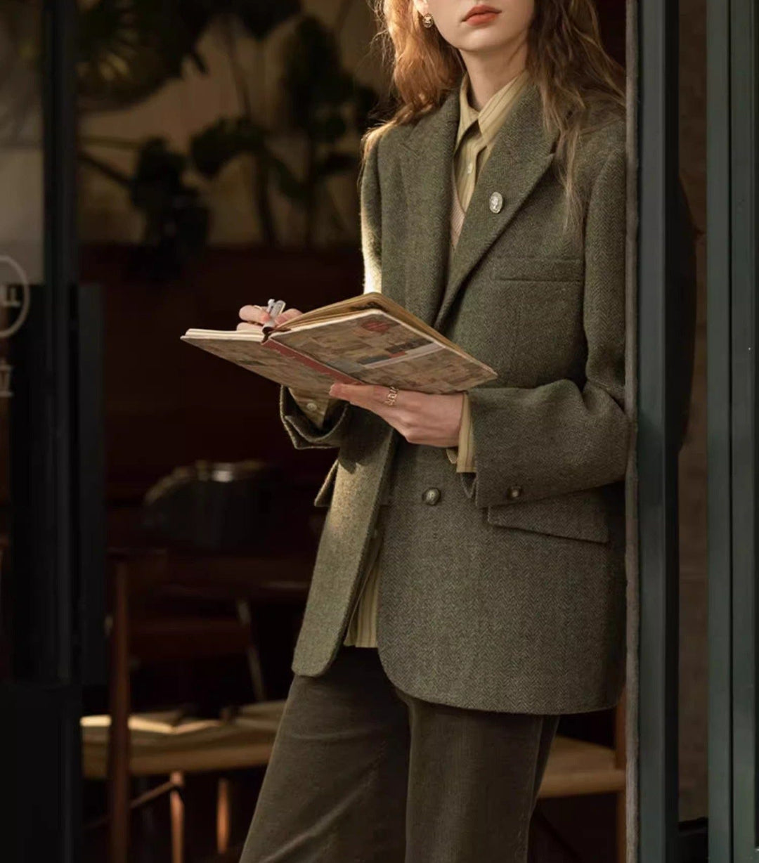 solovedress SoloveDress Women’s Olive Green Herringbone Blazer